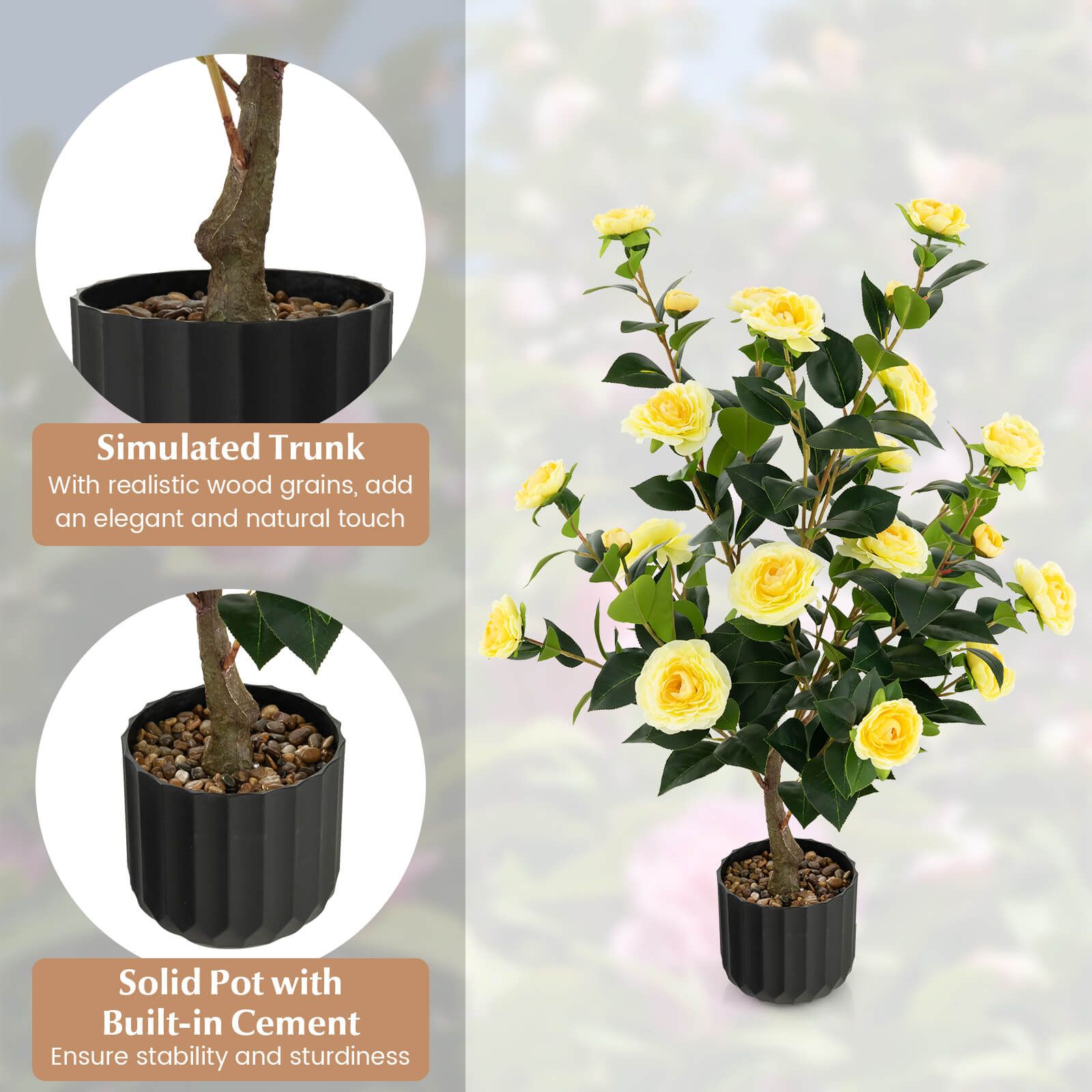 95cm Artificial Camellia Tree with Flowers and Rain-Flower Pebbles Yellow 2-Pack